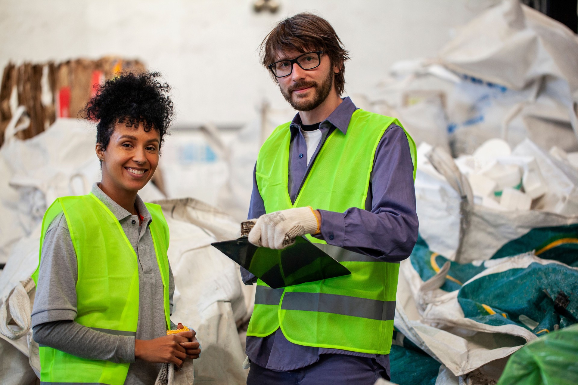 Portrait of mid adult colleagues holding clipboard while standing inside recycling centre